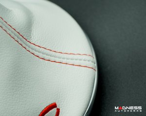 FIAT 500 Gear Shift Boot + Retaining Ring Set- White EcoLeather w/ Red Stitching + 500 Logo